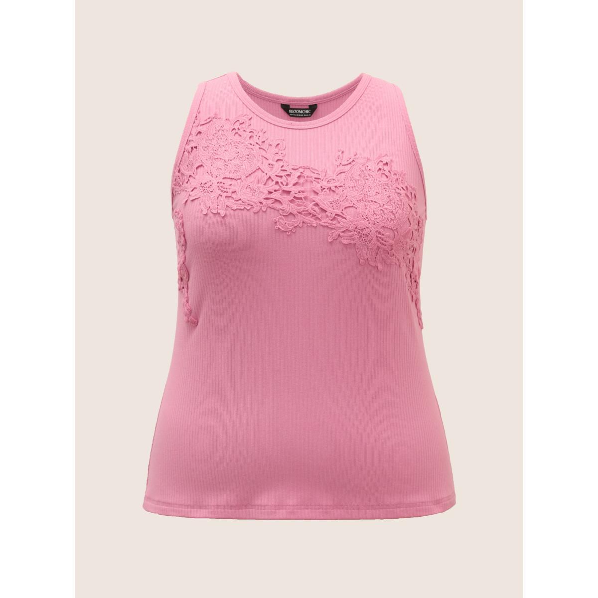 Plus Size Plain Pit Strip Guipure Lace Tank Top Women Beanpastepowder Elegant Patchwork Non Everyday Tank Tops Camis BloomChic 14-16/1X Product Image