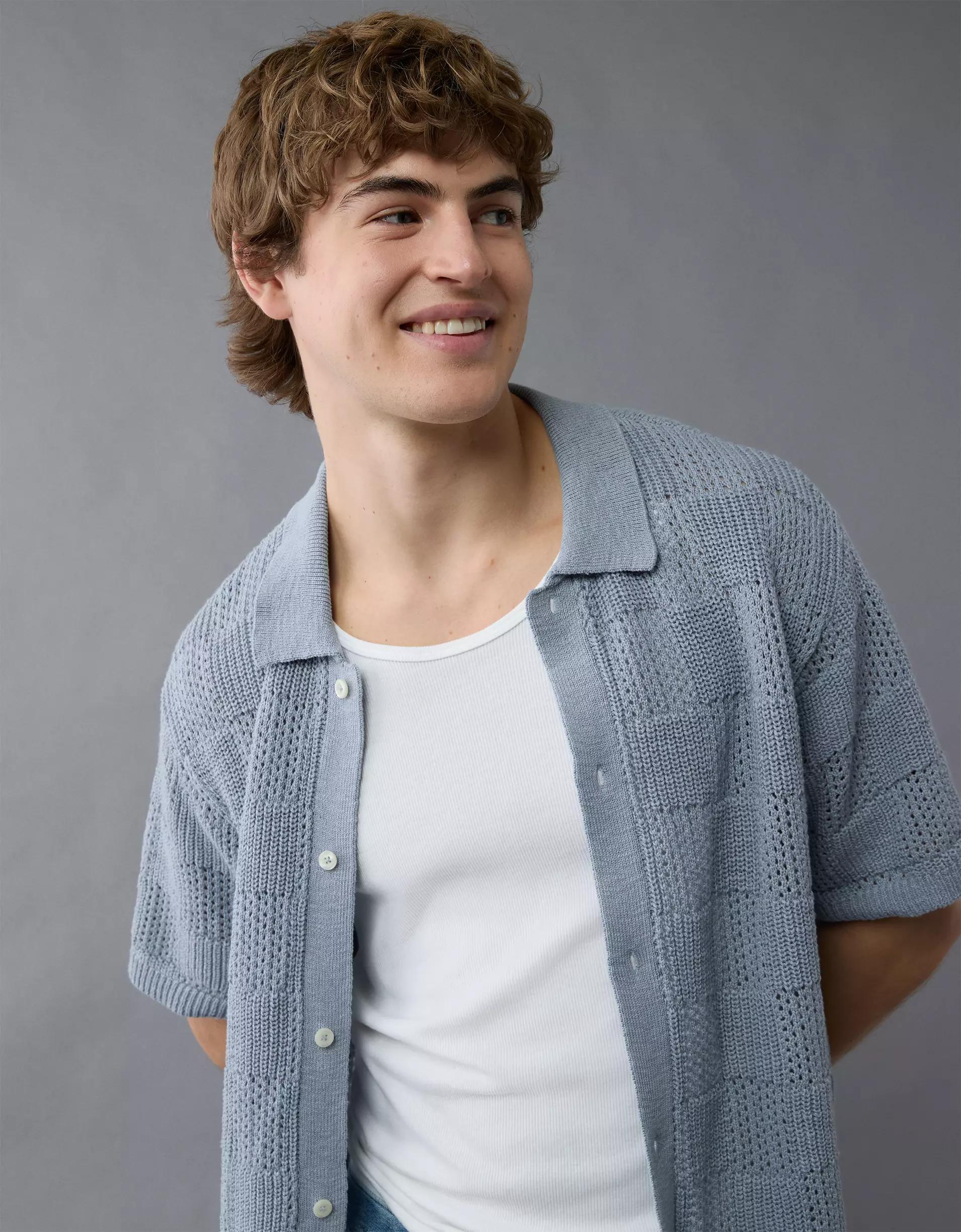 AE Weekend Checkerboard Button-Up Sweater Polo Shirt Product Image