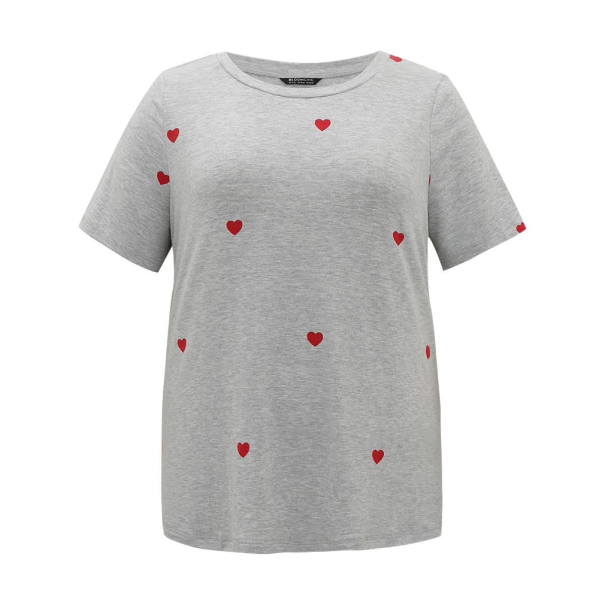 Plus Size Heart Print Crew Neck T-shirt Gray Women Casual Printed Heart Print Round Neck Dailywear T-shirts BloomChic 26/4X Product Image