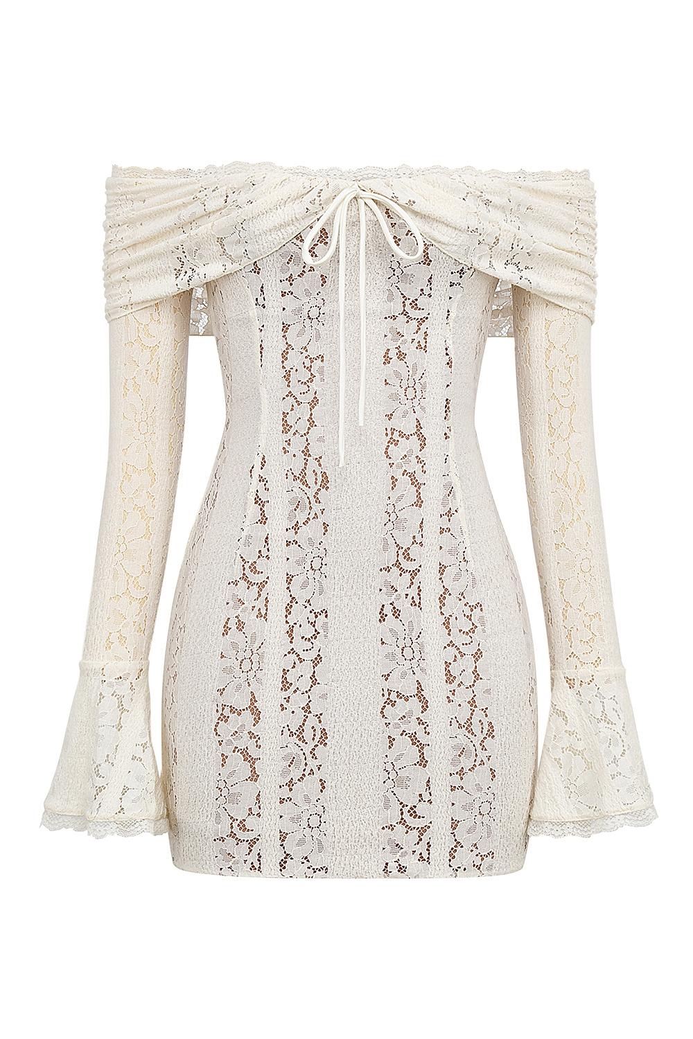 Sadie  vintage cream floral lace off shoulder mini dress Product Image