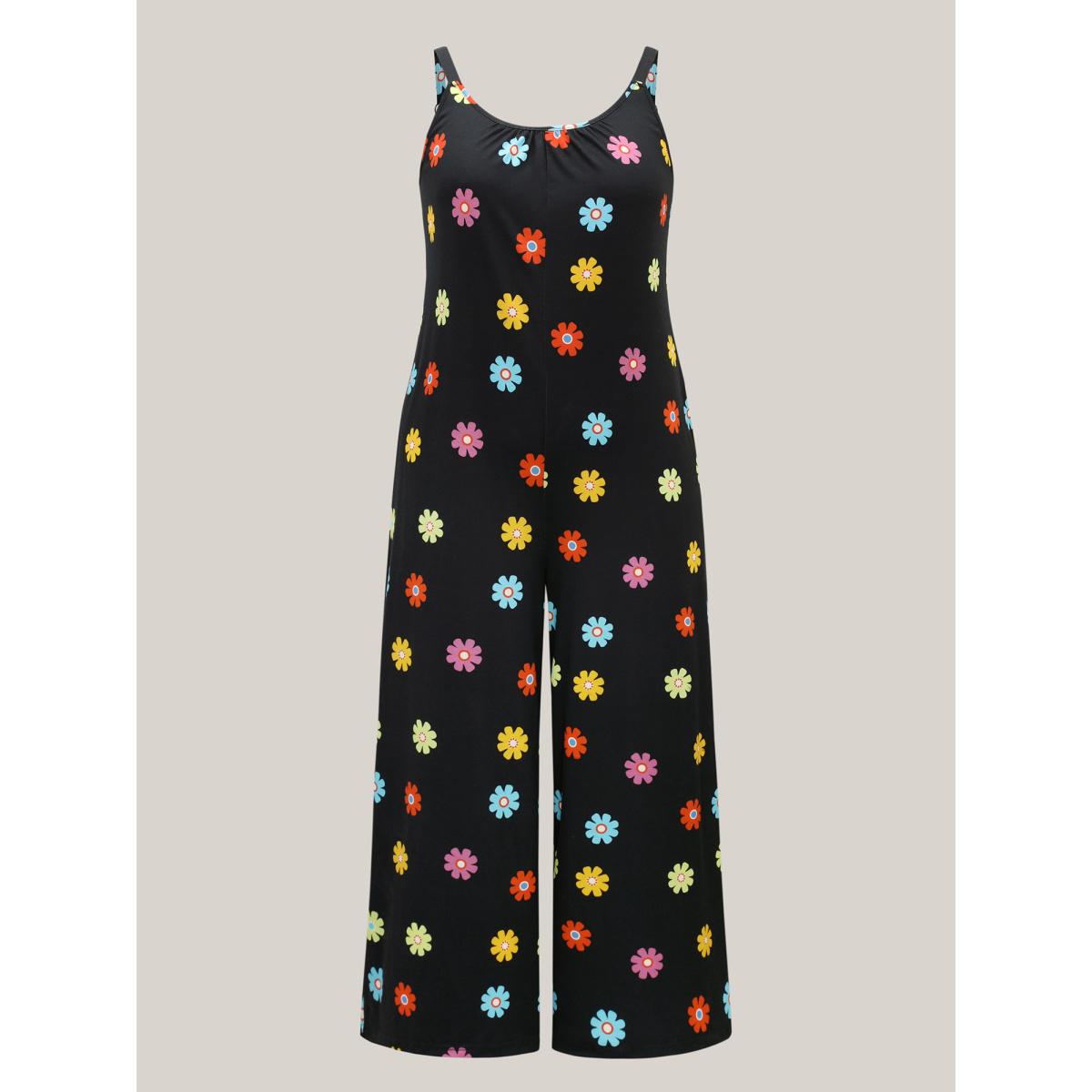Plus Size Black Colorful Polka Dots Straight-Leg Jumpsuit Women Sleeveless Round Neck Everyday-Casual Loose Jumpsuits BloomChic 12/L Product Image