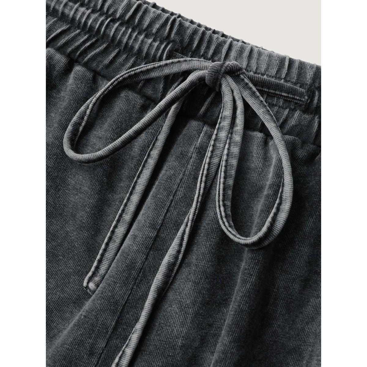 Plus Size Vintage Washed Drawstring Wide Leg Pants Women Black Leisure Loose Mid Rise Casual Pants BloomChic 10/M Product Image