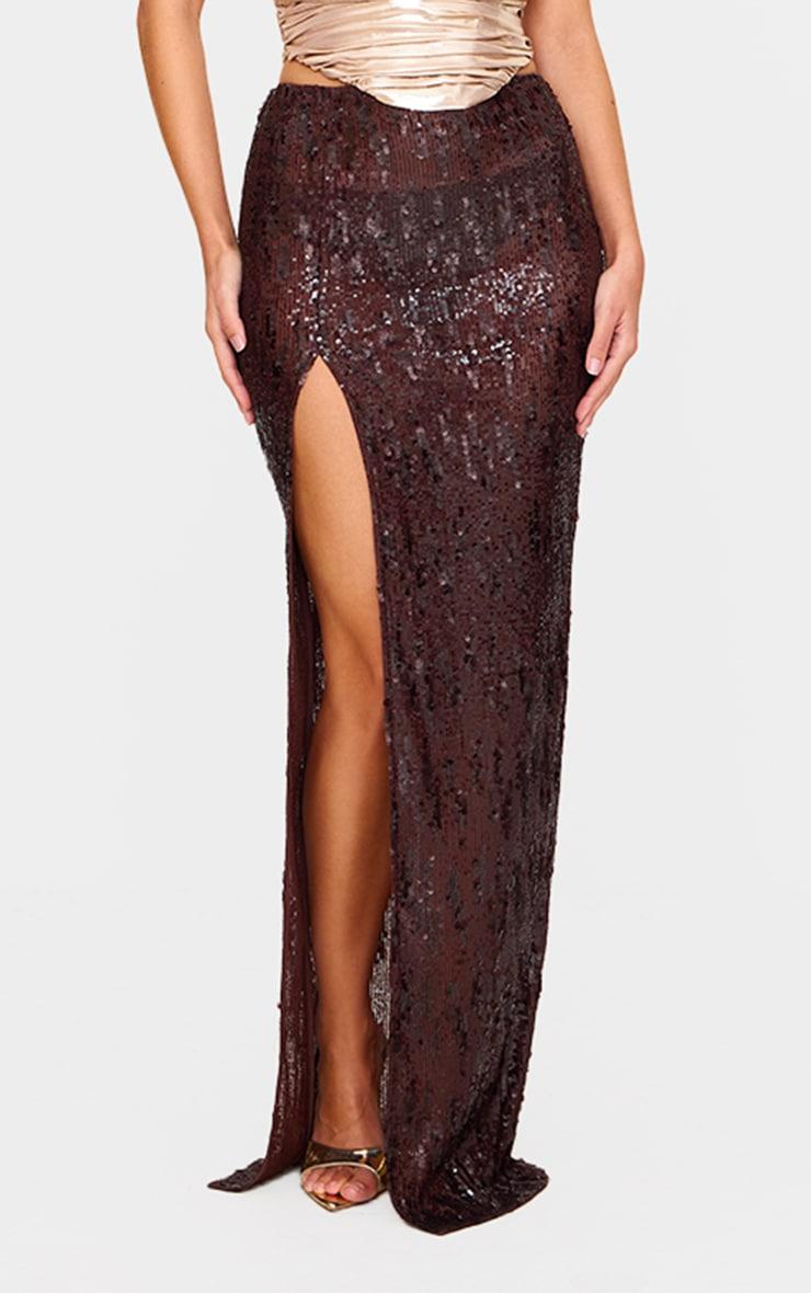 Dark Chocolate Extreme Sequin Split Low Rise Maxi Skirt Product Image