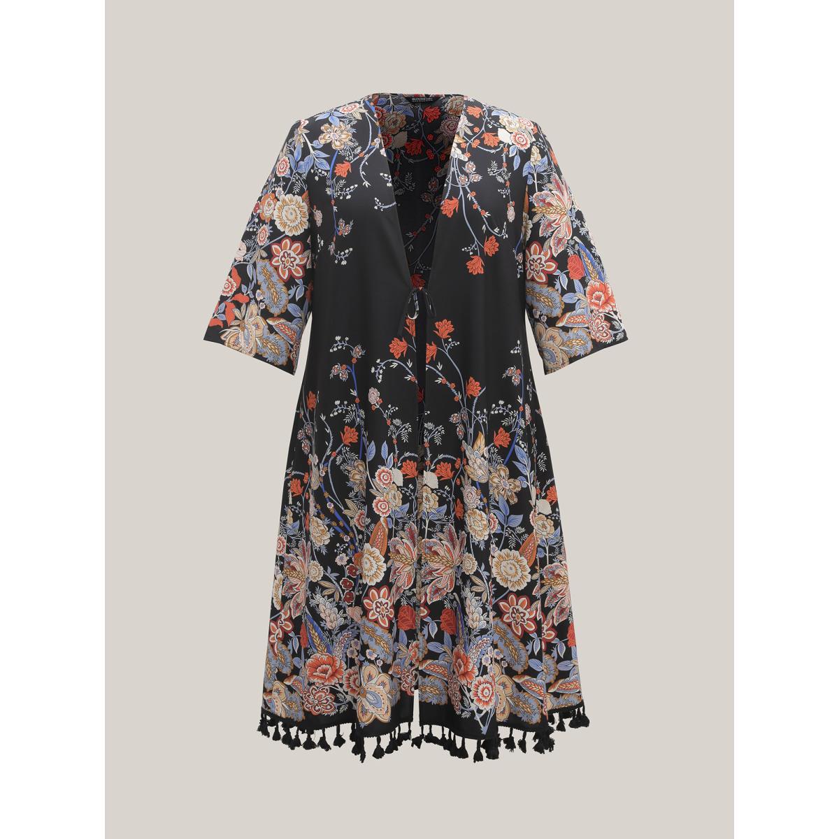 Plus Size Romantic Floral Print Vacation Kimono Cardigan Women Black Boho Tie knot Loose Vacation Kimonos BloomChic 14-16/1X Product Image