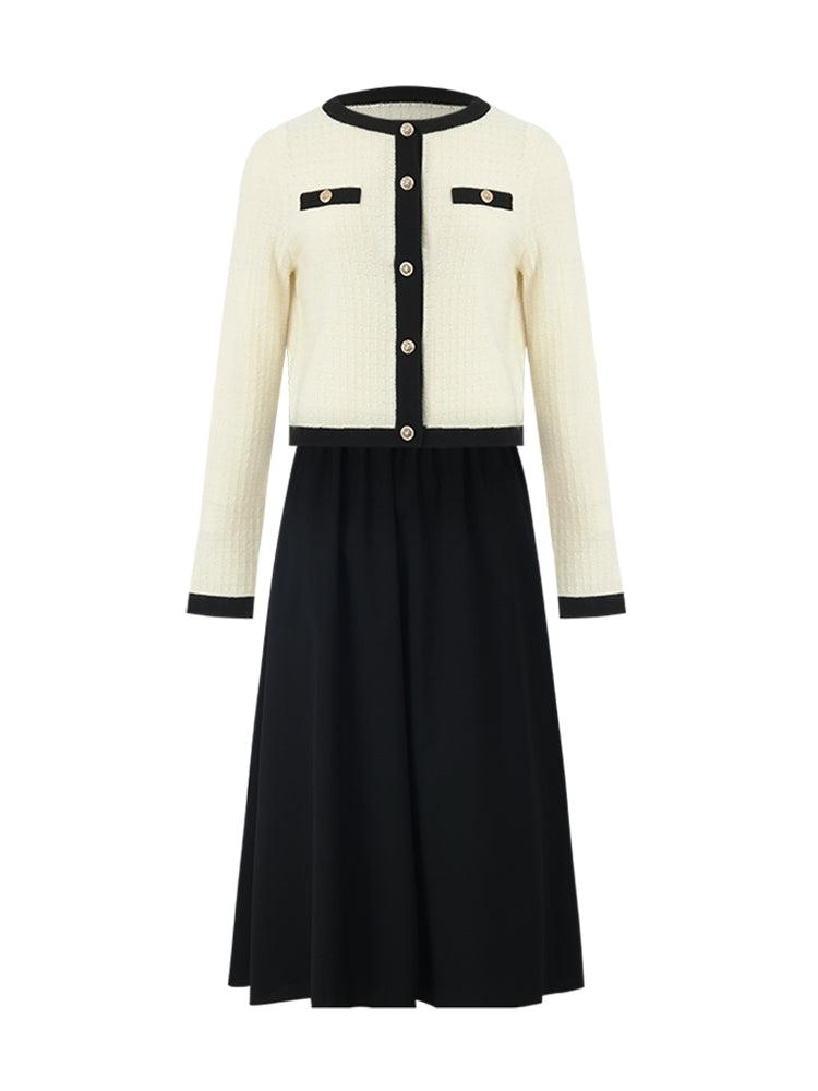 Contrast Trim Cardigan And Vest Dress Two-Piece Set Product Image