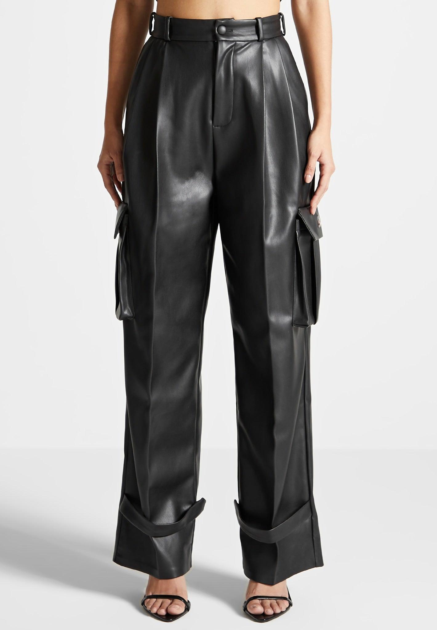 Danielle - Leather Pleated Cargo Trousers - Black Female Product Image