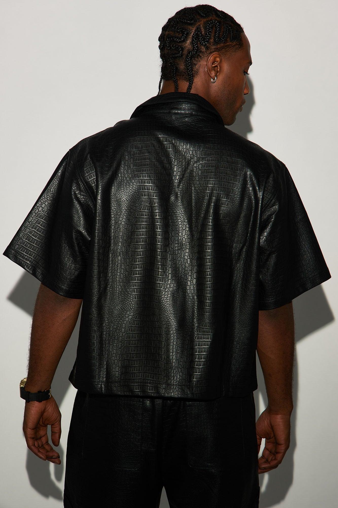 Gotta Run Faux Croc Leather Cropped Button Up Shirt - Black Product Image