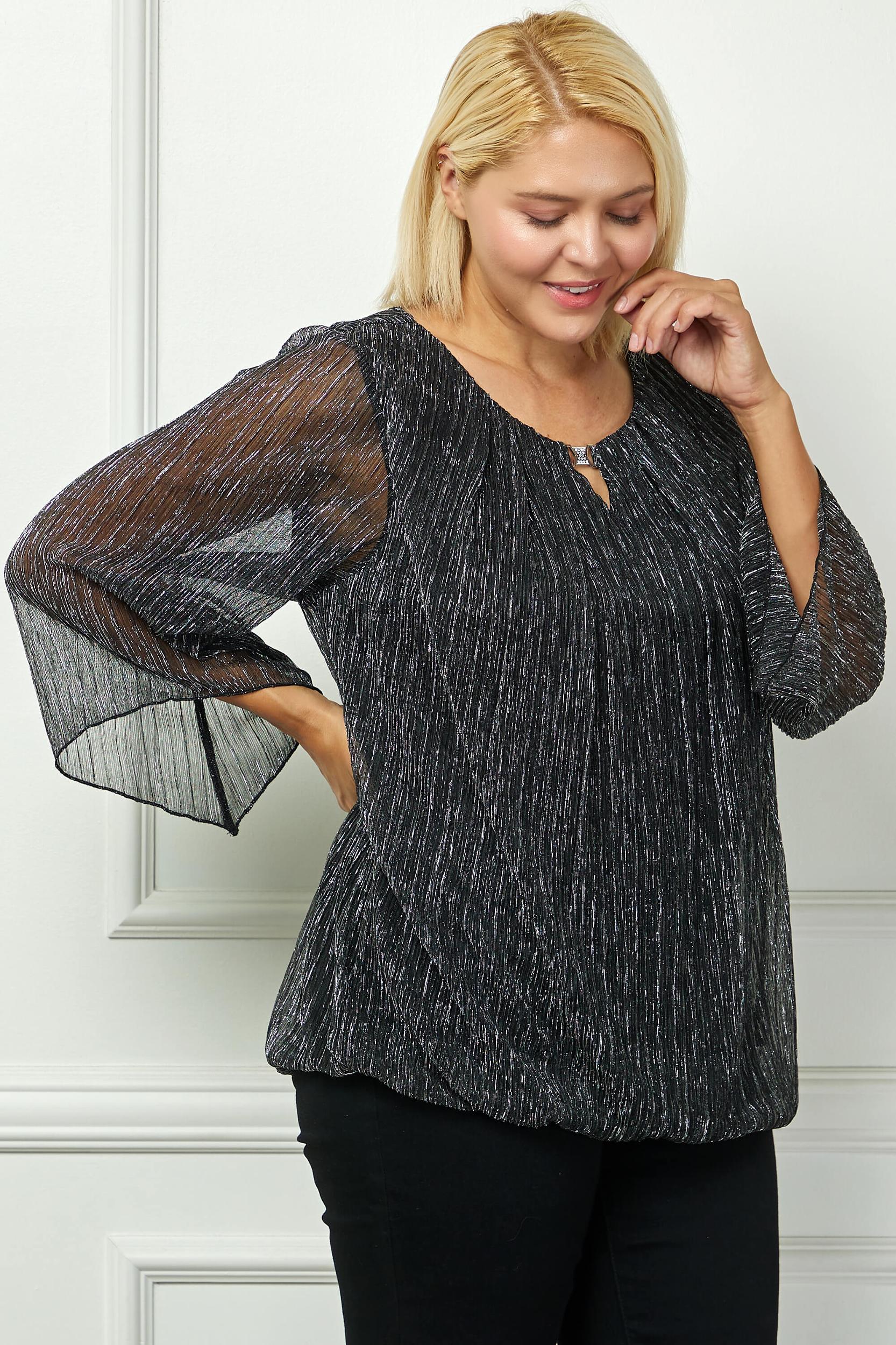 3/4 Flare Sleeve Cutout Neck Bubble Blouse in Black - Plus Product Image