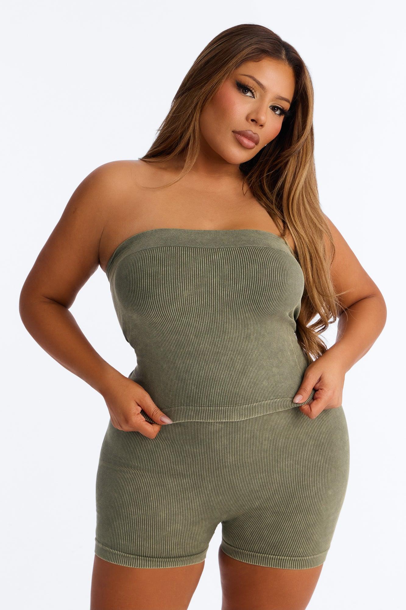 Off Duty Mineral Washed Strapless Short Set - Olive Female Product Image