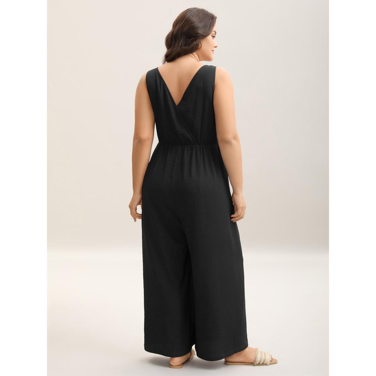 Plus Size Midnight Shirred Pockets Wide-Leg Plain Jumpsuit Women Leisure Sleeveless Non Vacation Loose Jumpsuits BloomChic 22-24/3X Product Image