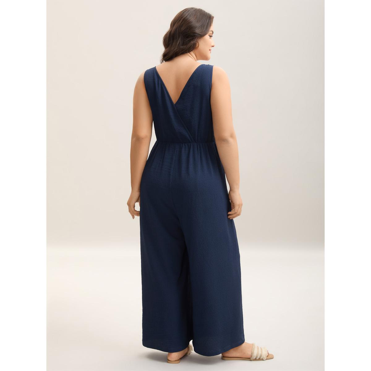 Plus Size Midnight Shirred Pockets Wide-Leg Plain Jumpsuit Women Leisure Sleeveless Non Vacation Loose Jumpsuits BloomChic 22-24/3X Product Image