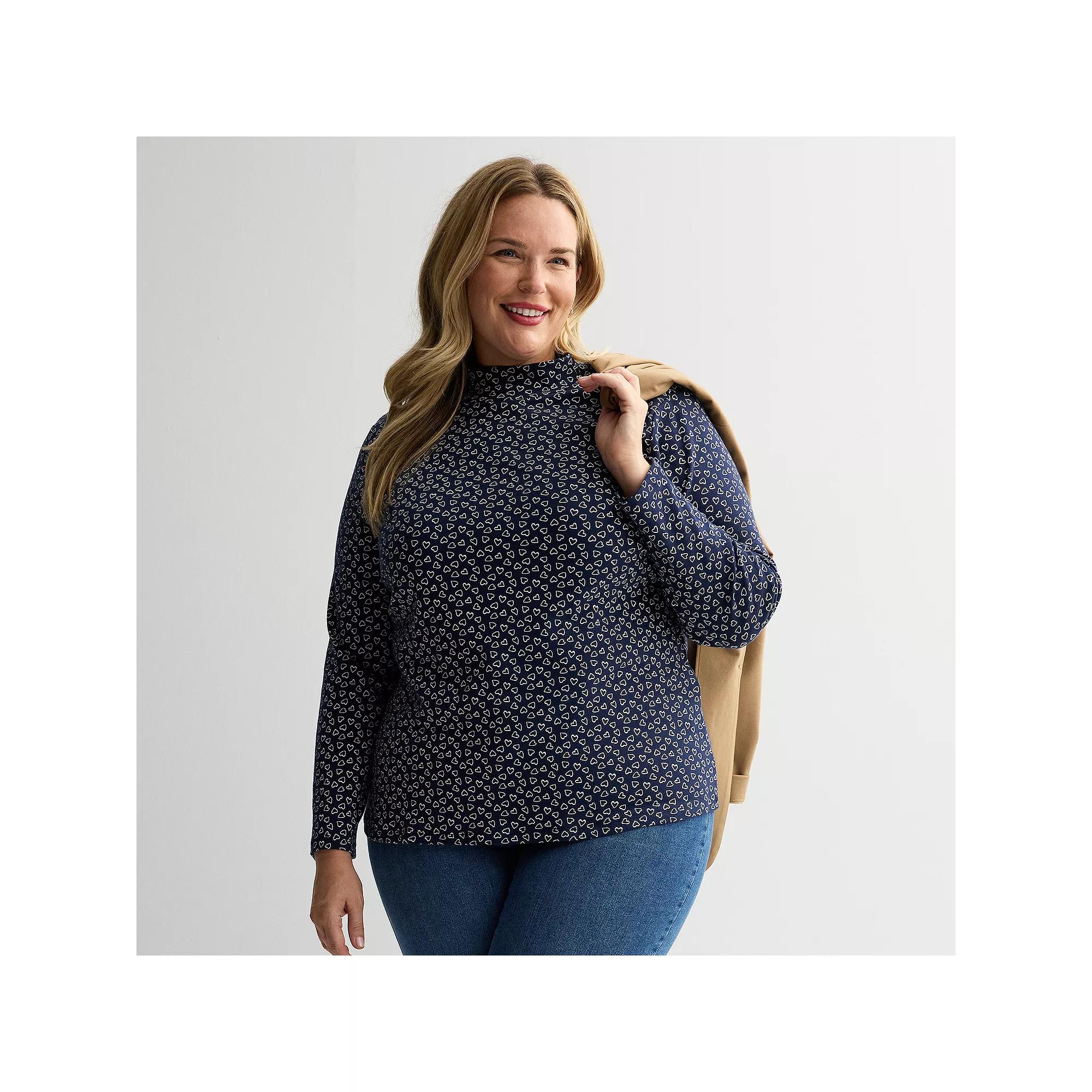 Plus Size Croft & Barrow Essential Long-Sleeve Mockneck Top, Womens Blue Scattered Heart Product Image