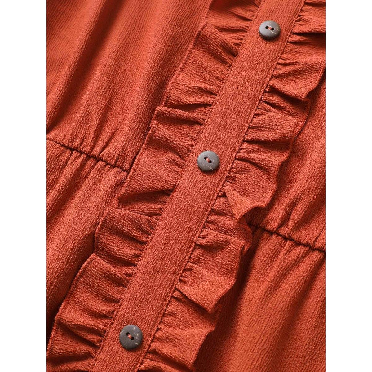 Plus Size Plain Textured Frill Trim Button Detail Dress Russet Women Resort Frill Trim Heart neckline Sleeveless Curvy BloomChic 22-24/3X Product Image