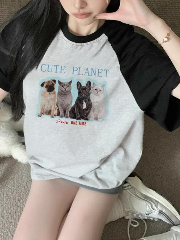 Cat Print Raglan Oversized Short Sleeve Tee Product Image