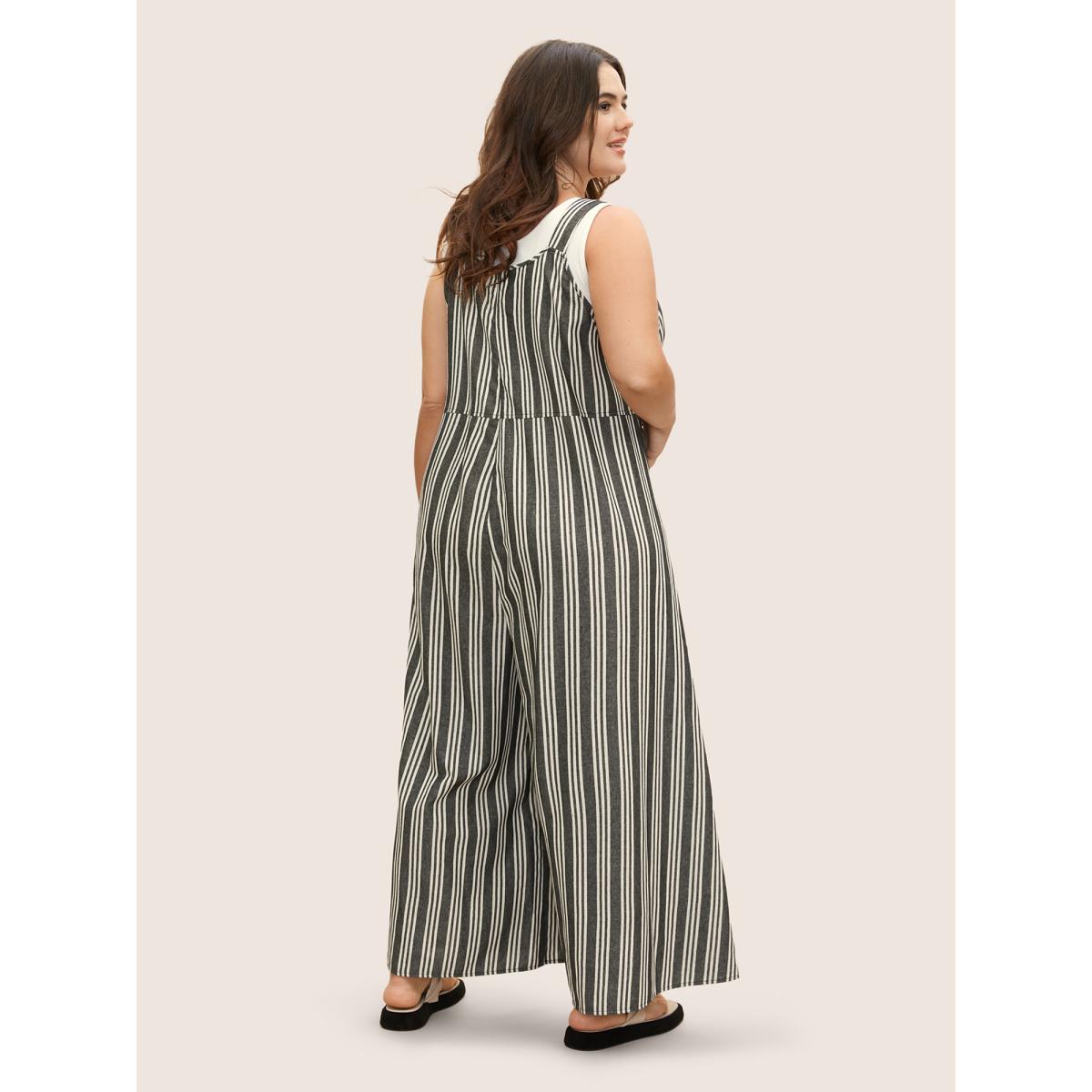 Plus Size Black Cotton Striped Patched Pocket Loose Jumpsuit Women Casual Sleeveless Non Everyday Loose Jumpsuits BloomChic 12/L Product Image