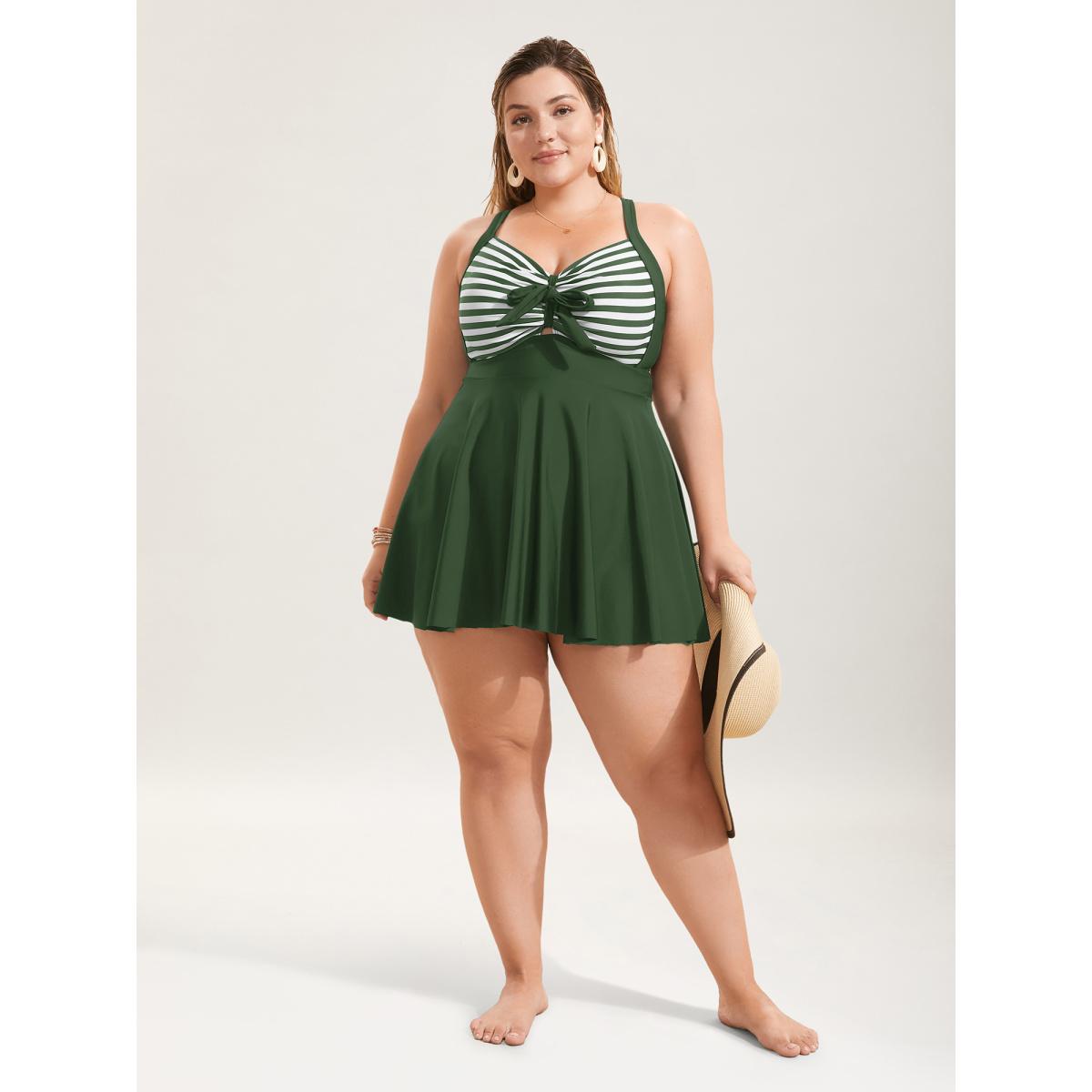 Plus Size Stripes Patchwork Tie Knot Cross Straps Swim Dress Women's Swimwear ArmyGreen Resort Bodycon Heart neckline High stretch Curve Swim Dresses BloomChic 30/6X Product Image