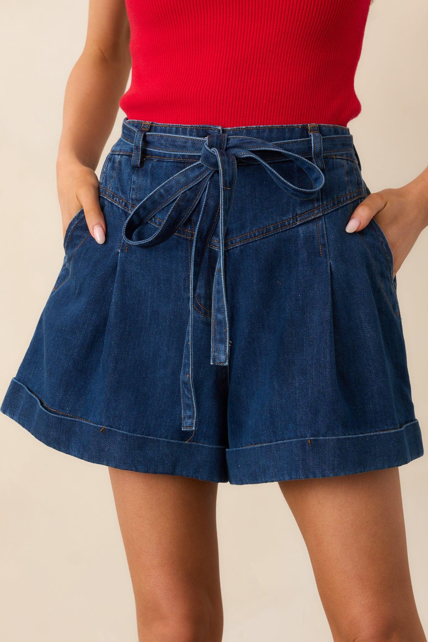 Never Out Of Style Belted Dark Wash Denim Shorts Product Image