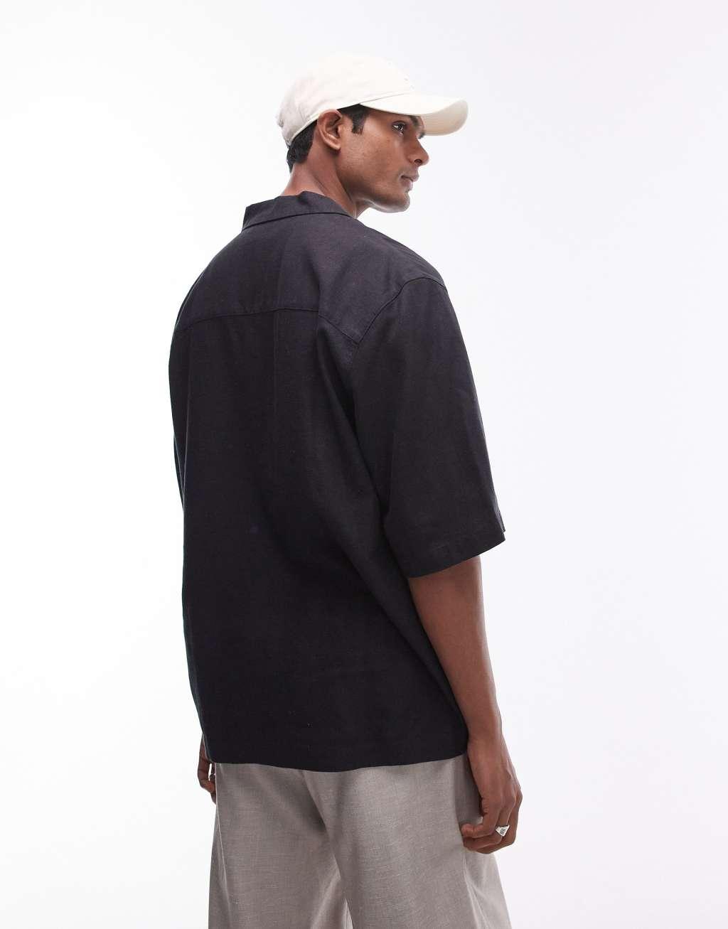 Topman short sleeve boxy linen mix shirt in black Product Image