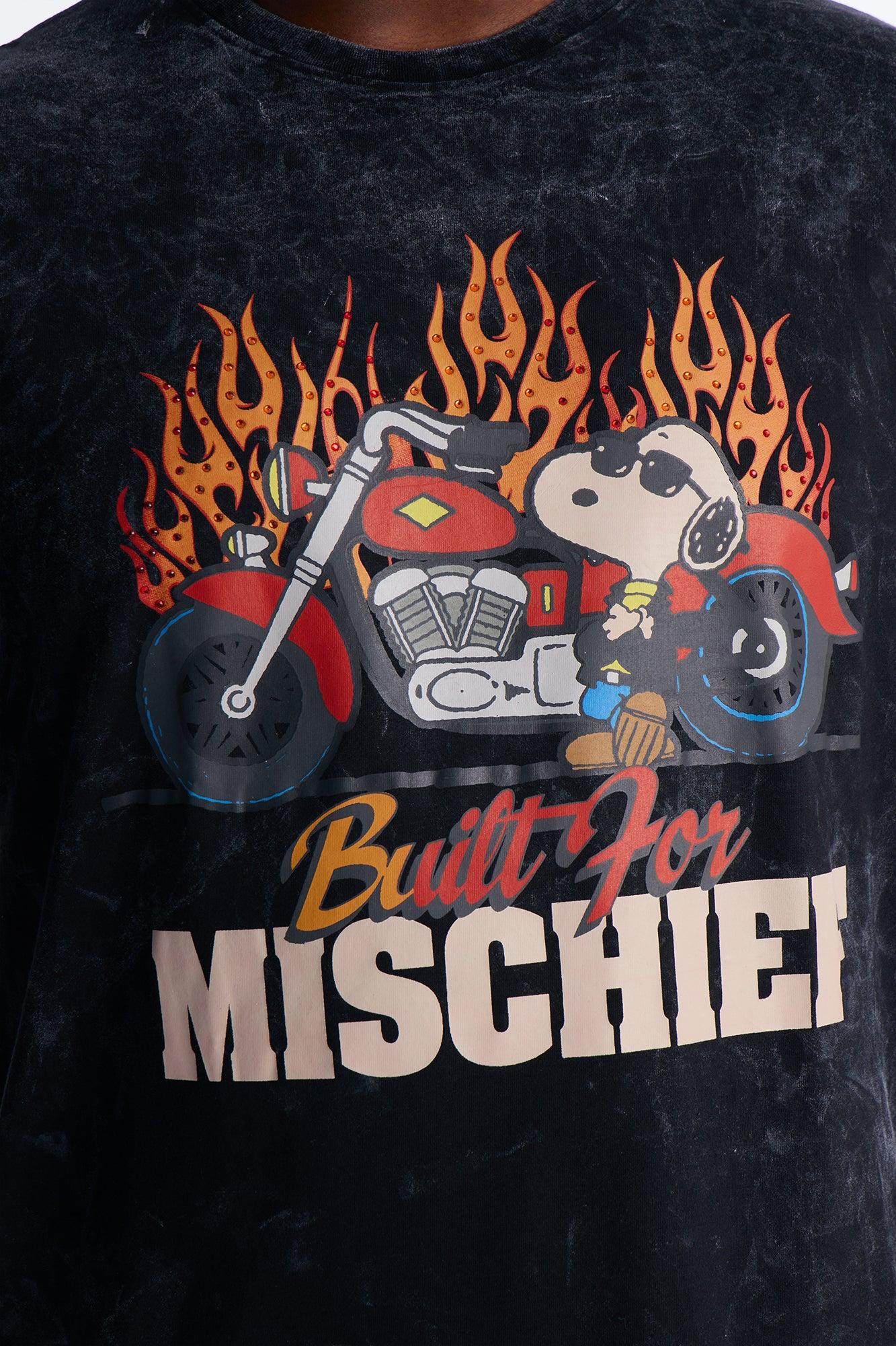 Peanuts Snoopy Mischief Rhinestones Mineral Wash Fleece Tee - Black Wash Male Product Image
