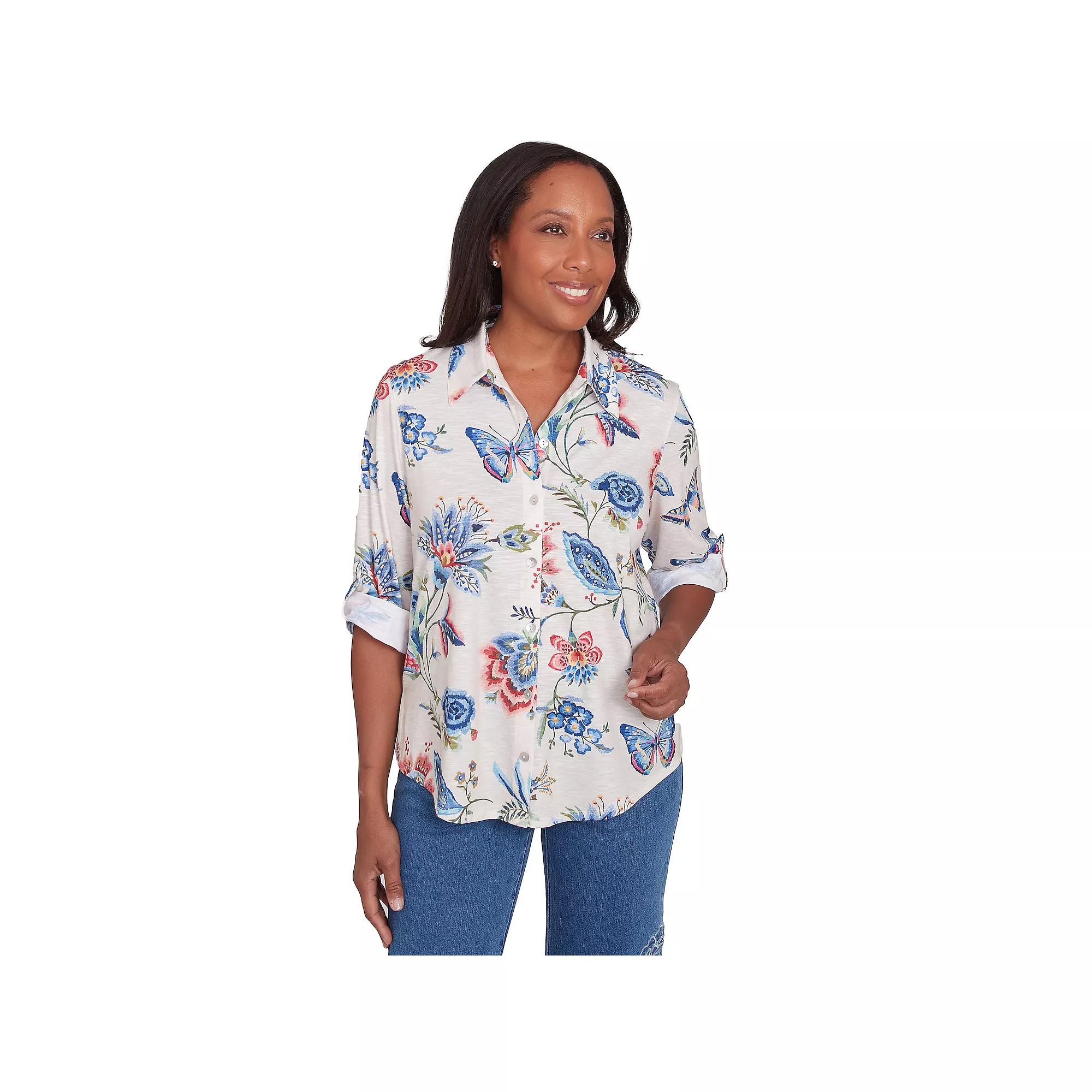 Petite Alfred Dunner Butterfly Button-Down Cuffed Sleeve Shirt, Women's, Size: Large Petite, Neutral Team Product Image