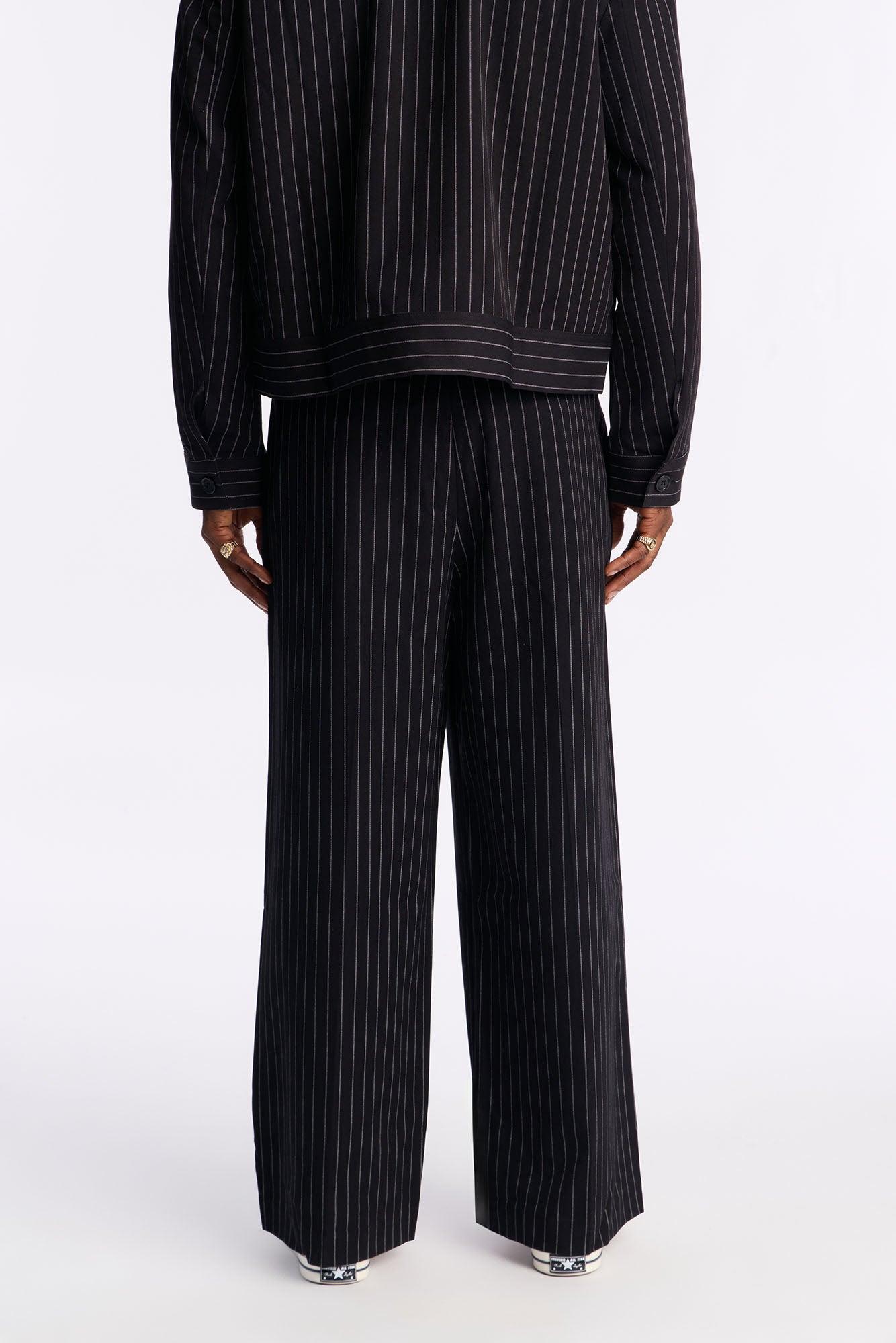 Wide Leg Straight Striped Trouser - Black Product Image