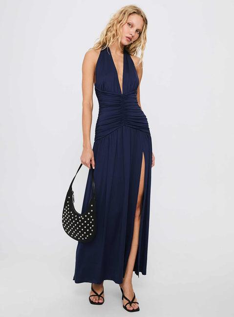 Diona Halter Ruched Maxi Dress Navy Product Image