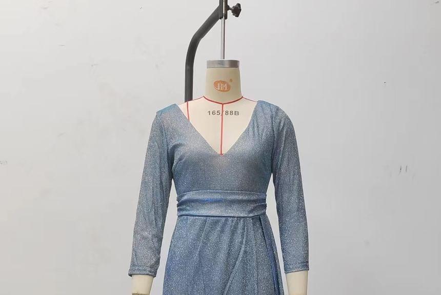 3/4-Sleeve V-Neck Glitter Jumpsuit Product Image