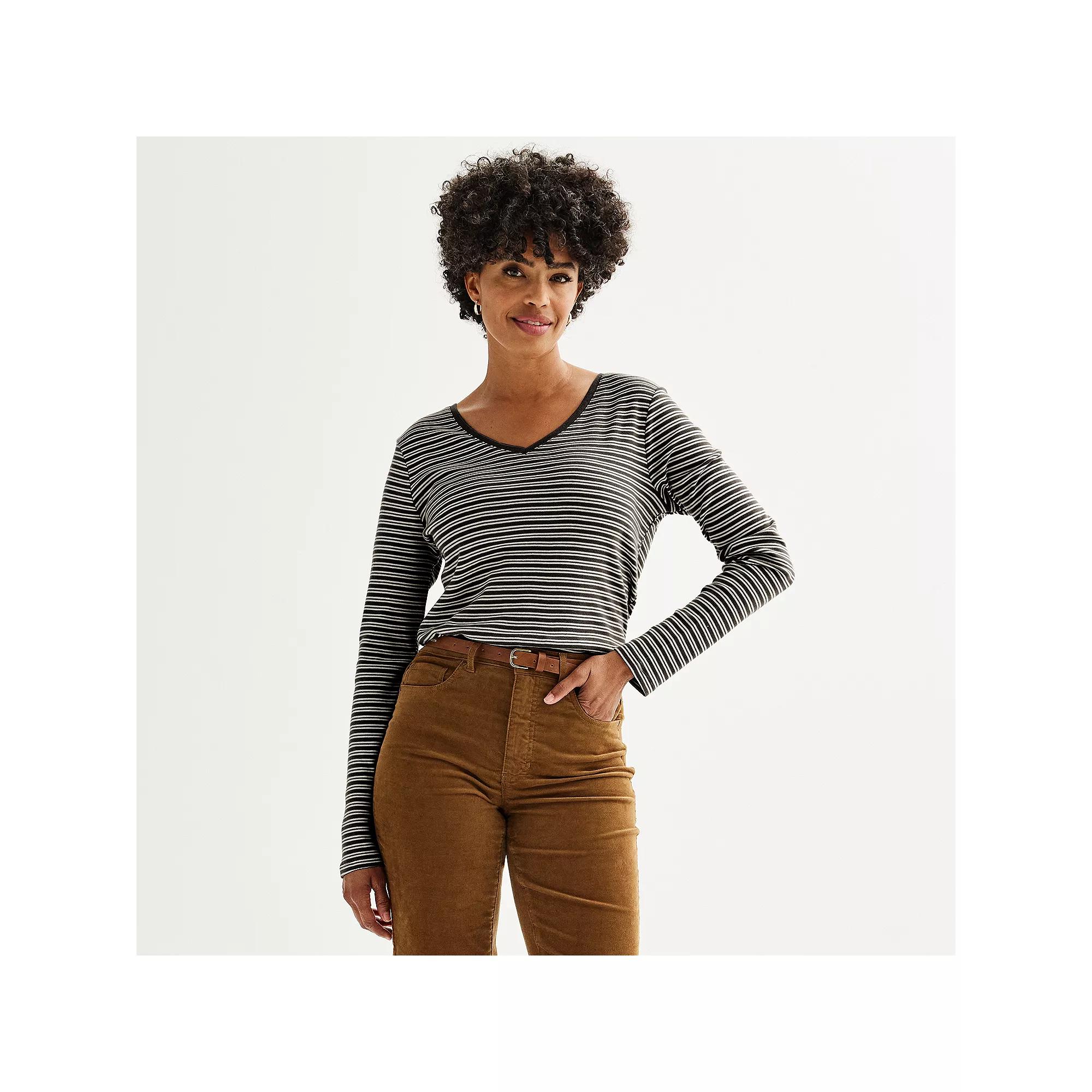 Petite Croft & Barrow® Essential Long-Sleeve V-Neck Top, Women's, Size: XL Petite, Black Neat Stripe Product Image