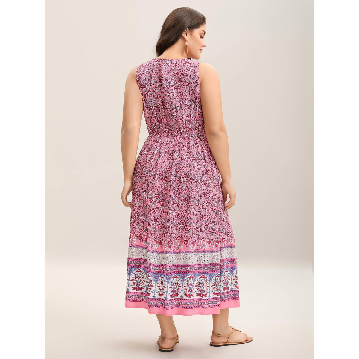 Plus Size Rayon Floral Print Stretchy Waist Maxi Dress DustyPink Women Boho V-neck Sleeveless Curvy BloomChic 10/M Product Image