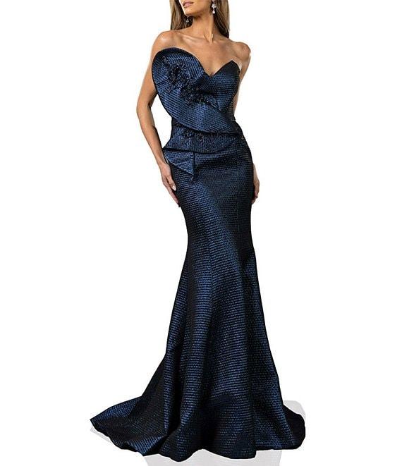 Terani Couture Sweetheart Neck 3D Ruffle Metallic Jacquard Mermaid Dress Product Image