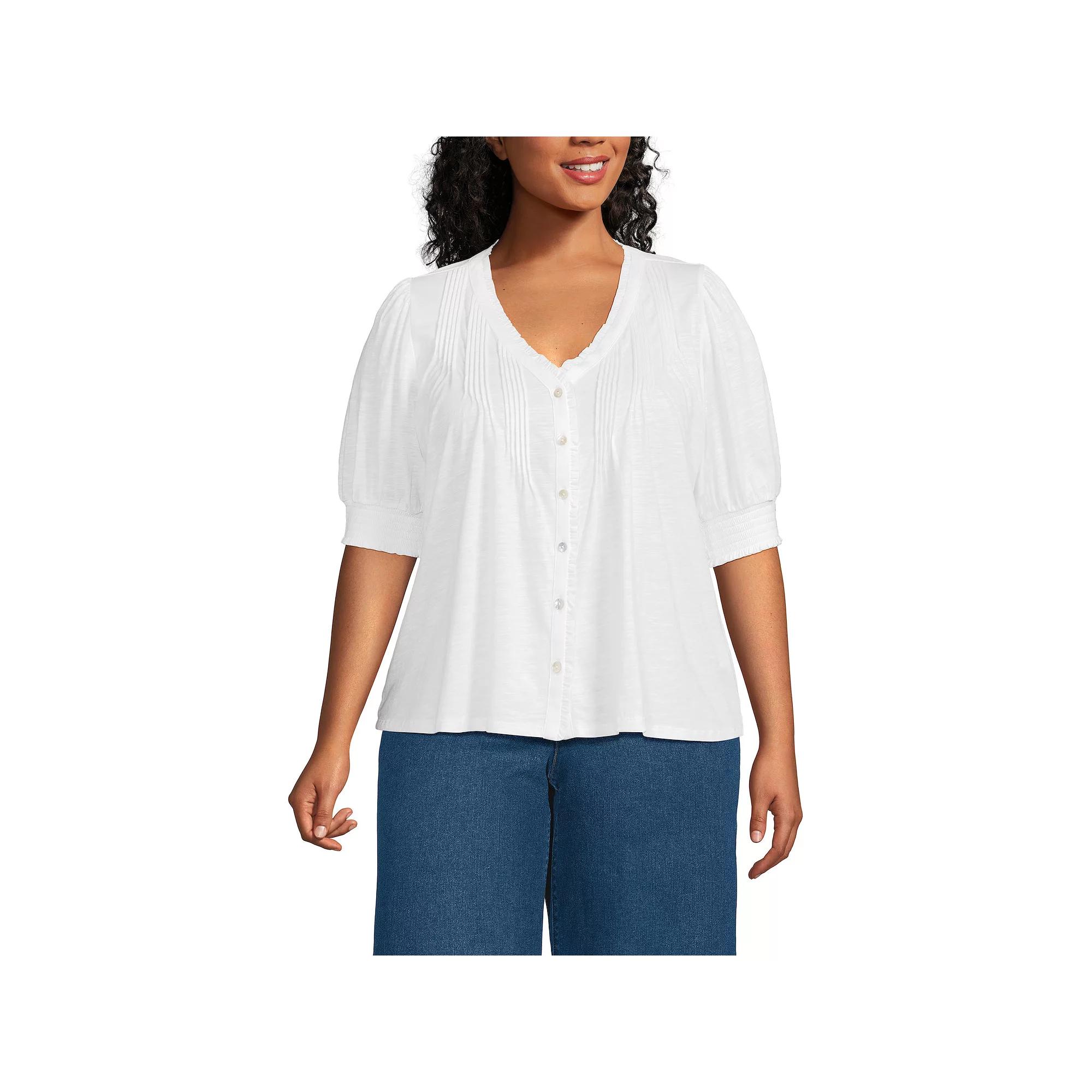 Plus Size Lands' End Button Pintuck Puff Sleeve Top, Women's, Size: 2XL, Sweet Orange Product Image