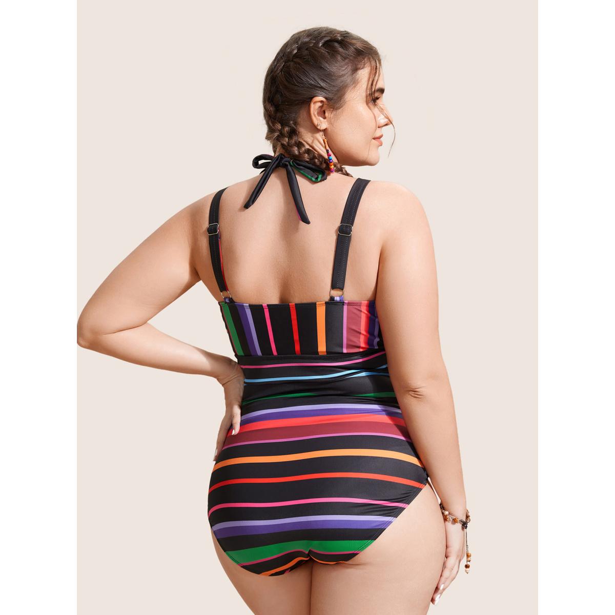 Plus Size Contrast Striped Tie Knot One Piece Swimsuit Women's Swimwear Multicolor Beach Tie knot Curve Bathing Suits High stretch One Pieces BloomChic 28/5X Product Image