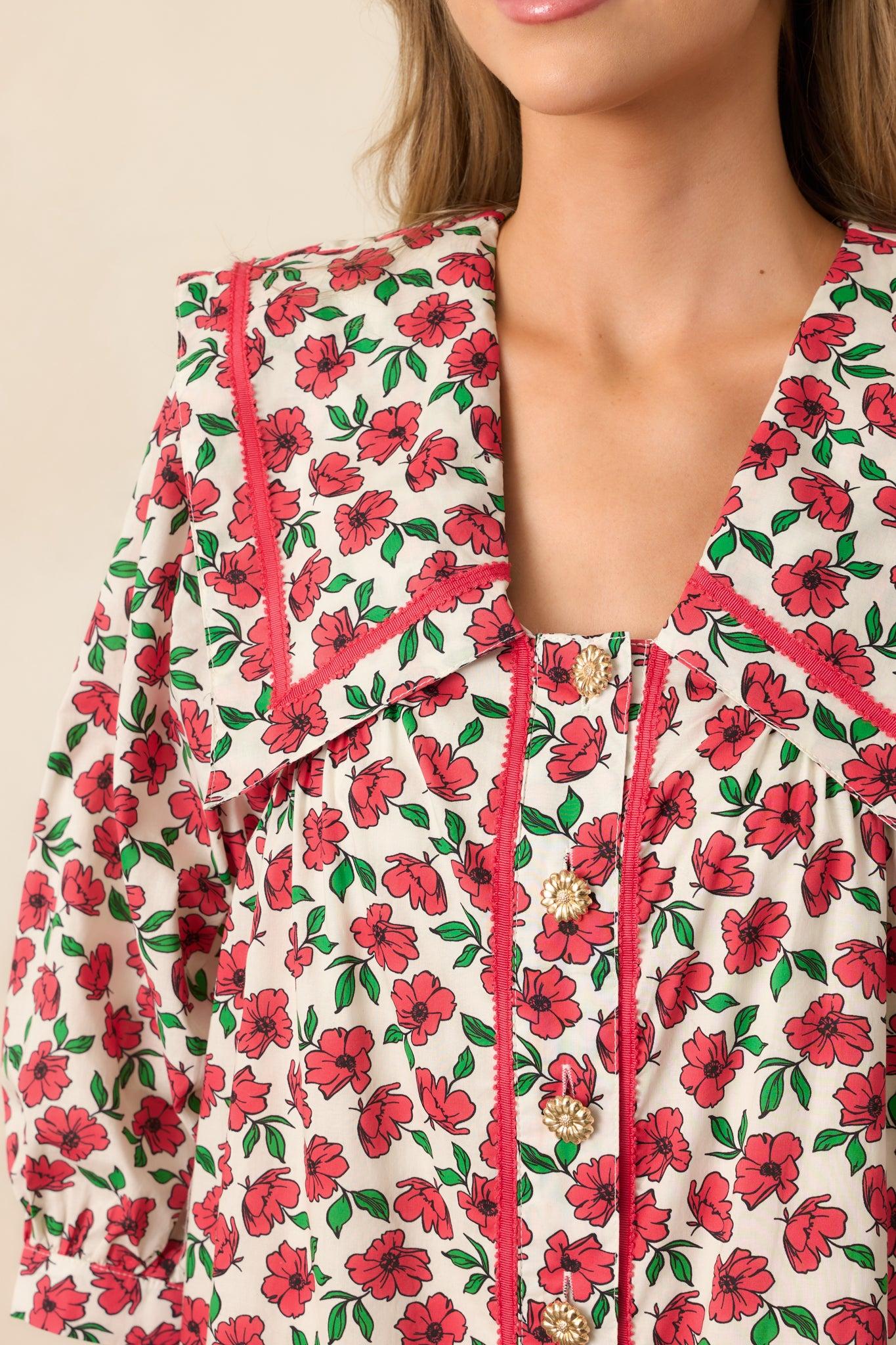 Butterfly Garden Red Cotton Button Front Mini Dress Product Image