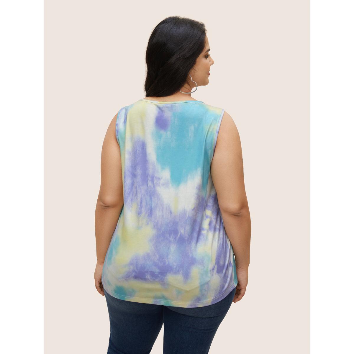 Plus Size Tie Dye U Neck Pleated Tank Top Women Multicolor Casual Contrast U-neck Everyday Tank Tops Camis BloomChic 22-24/3X Product Image