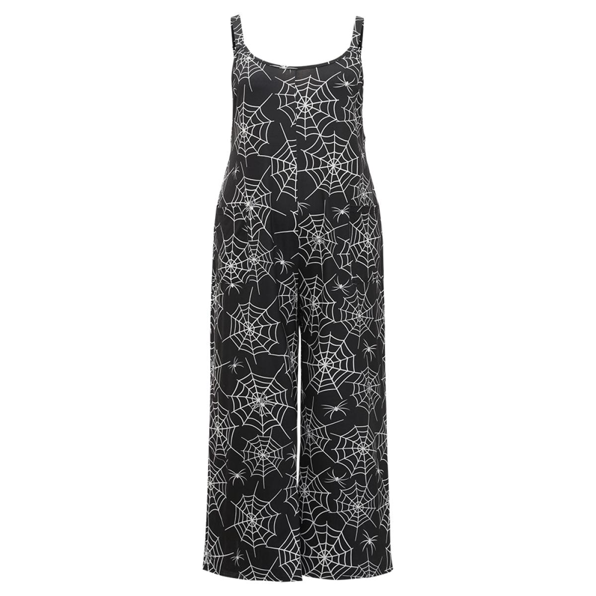 Plus Size DarkGreen Halloween Spider Web Print Pocket Overall Cami Jumpsuit Women Casual Sleeveless Spaghetti Strap Festival-Halloween Loose Jumpsuits BloomChic 22-24/3X Product Image