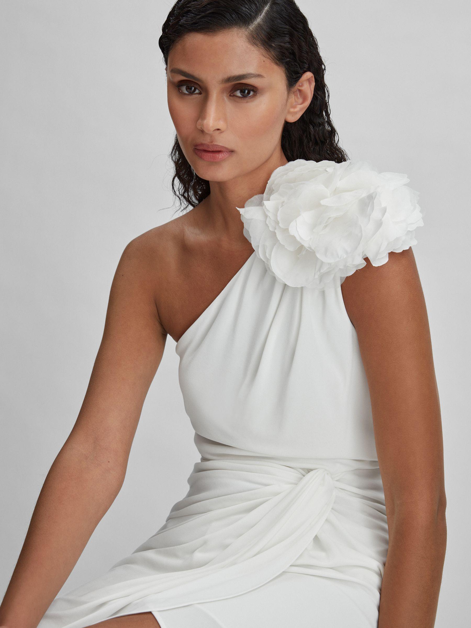 Halston One-Shoulder Ruffle Mini Dress in White Product Image