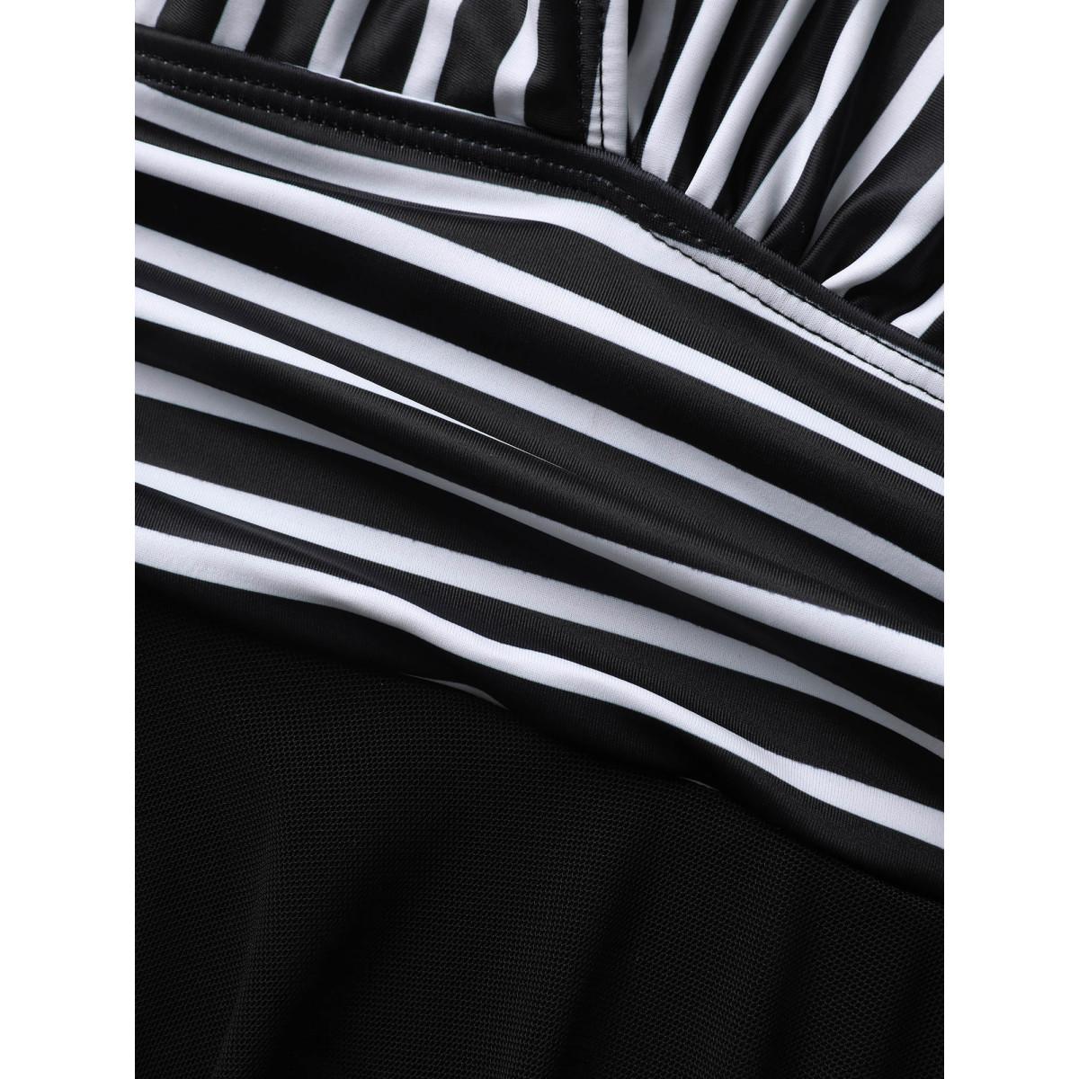 Plus Size Striped Patchwork Mesh Tie Knot Swim Dress Women's Swimwear Black Beach Bodycon Overlap Collar High stretch Curve Swim Dresses BloomChic 30/6X Product Image