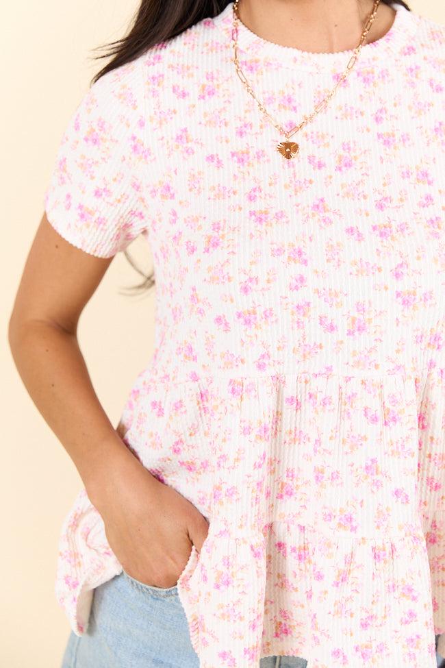 Chic And Sweet Pink and White Floral Knit Tee Product Image
