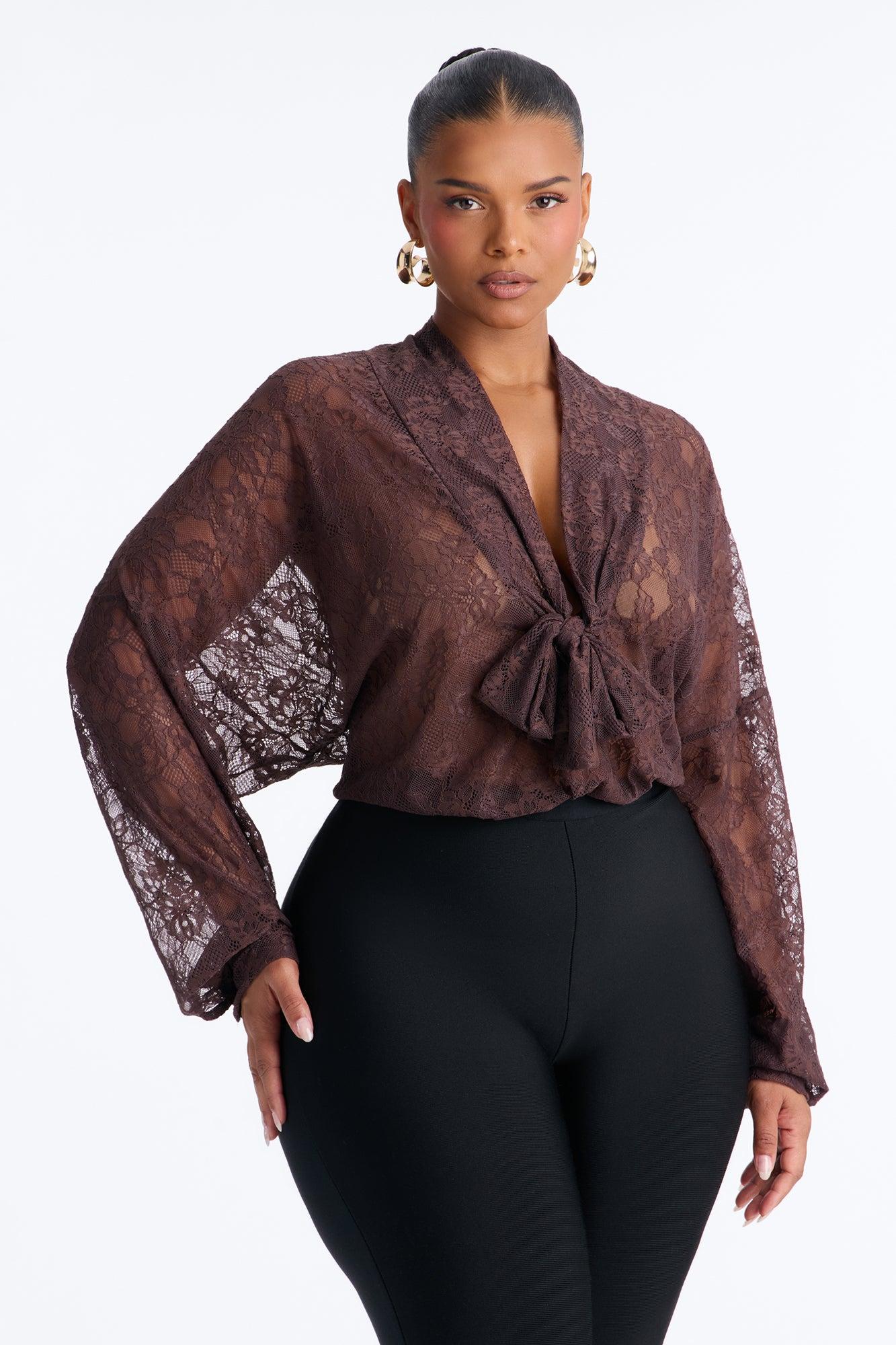 Chic And Out Long Sleeve Lace Bodysuit - Chocolate Female Product Image