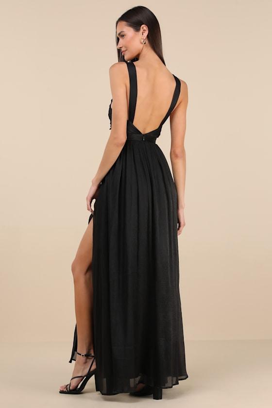 Leyton Black Crinkle Knotted Backless Maxi Dress Product Image