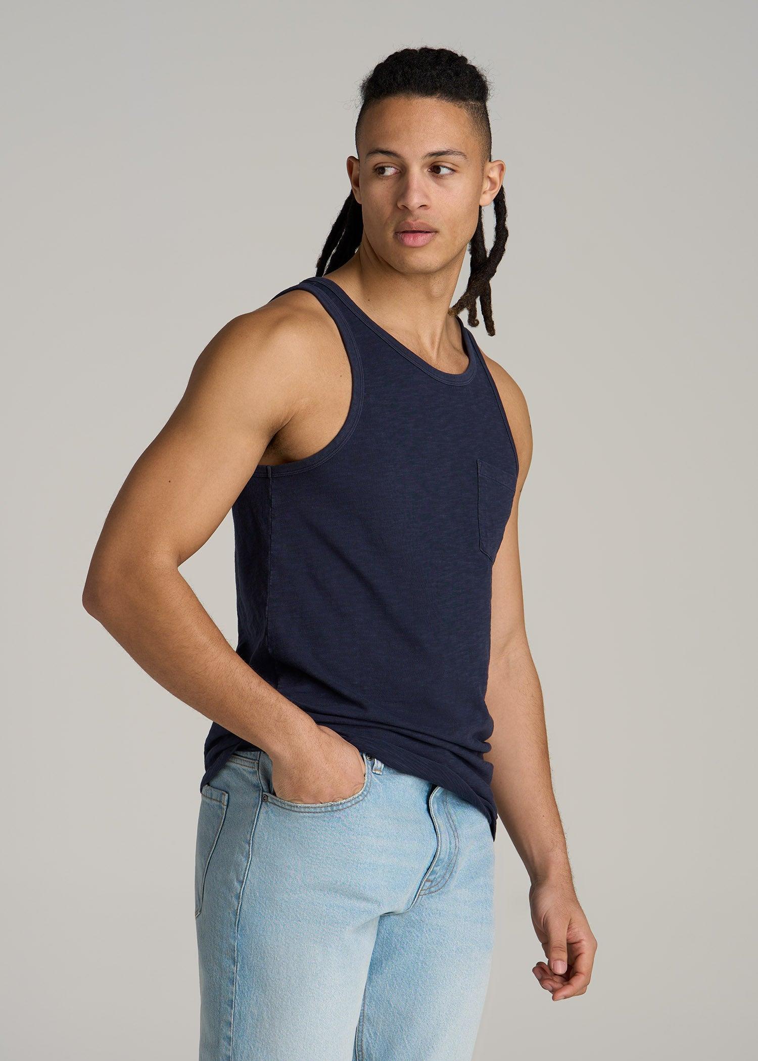 Garment Dyed Slub Pocket Tank Top for Tall Men in Evening Blue Male Product Image
