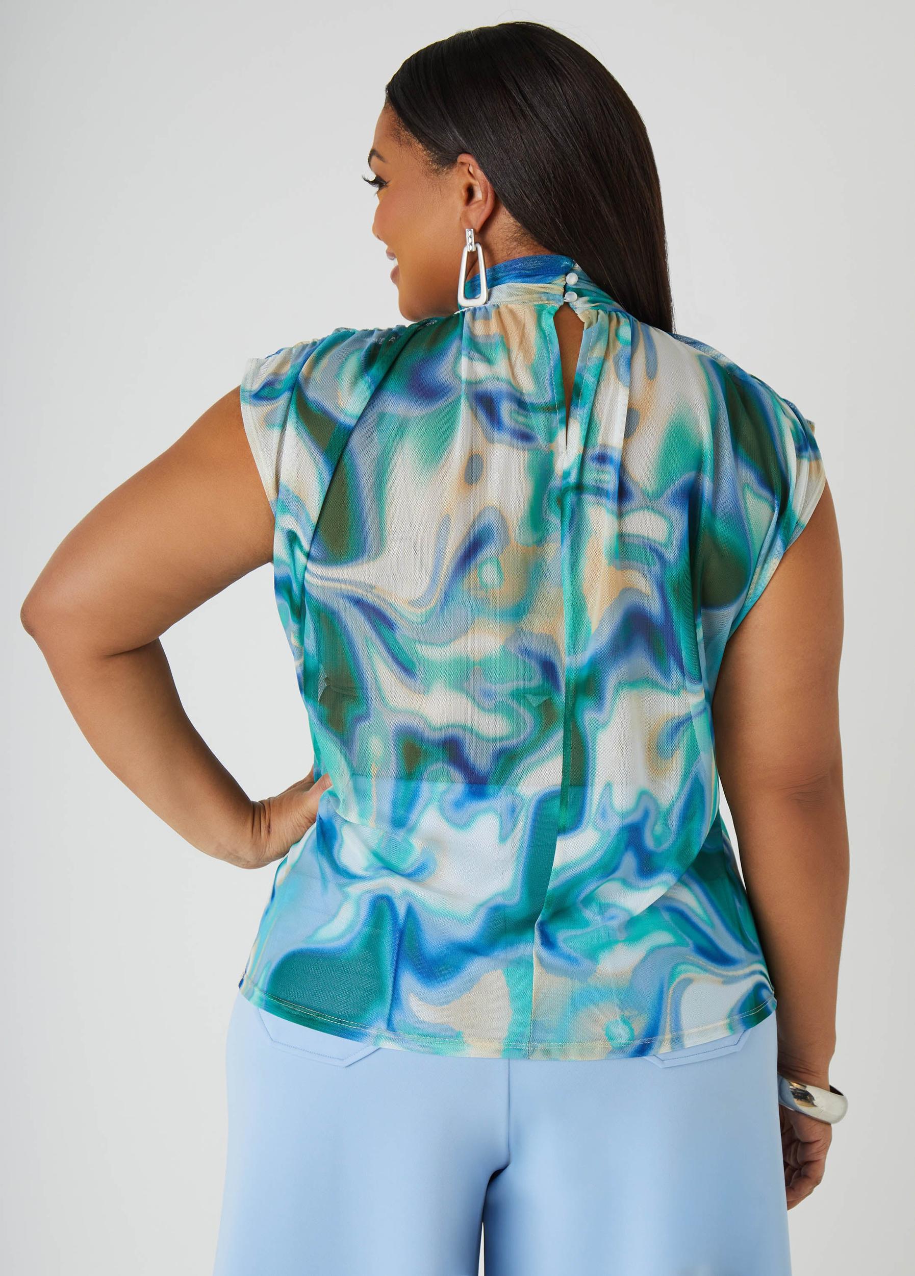 Printed Mesh Mock Neck Top Product Image