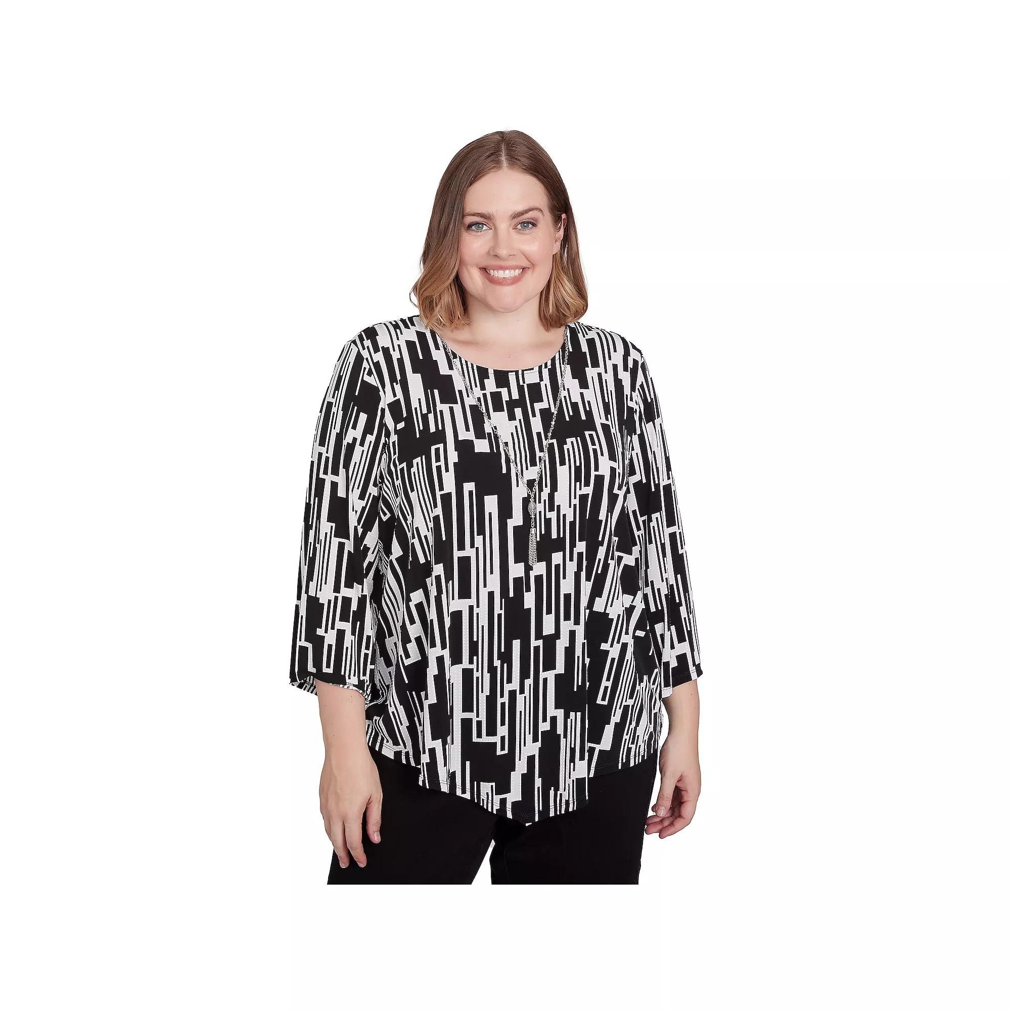 Plus Size Alfred Dunner Vertical Geometric Top with Necklace, Women's, Size: 2XL, Black And White Product Image