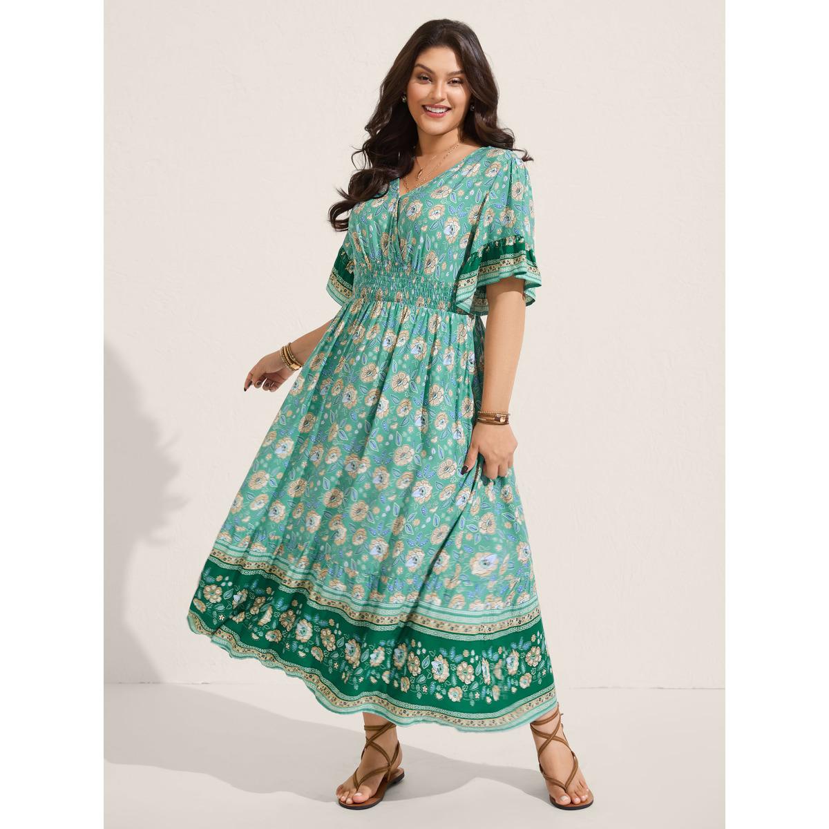 Plus Size Floral Bell Sleeve Shirred Waist Midi Dress Emerald Women Boho Overlap Collar Half Sleeve Curvy BloomChic 12/L Product Image