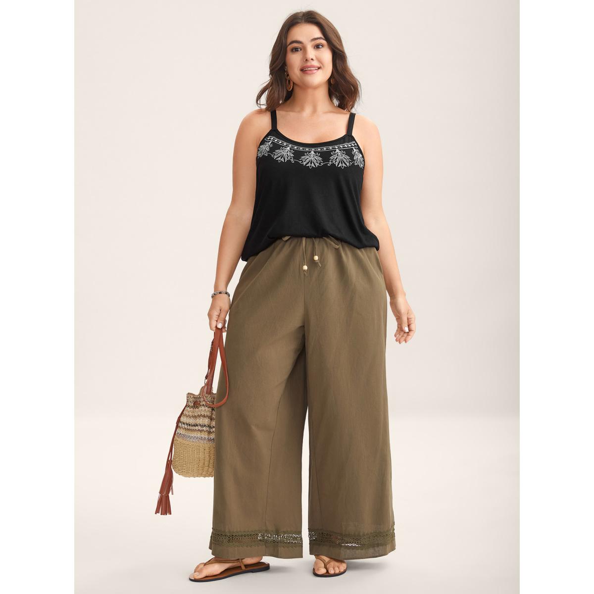 Plus Size Boho Embroidery Plain Tank Top Women Black Boho Embroidered Non Vacation Tank Tops Camis BloomChic 26/4X Product Image