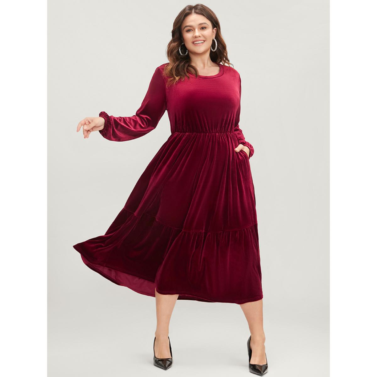 Plus Size Solid Pocket Lantern Sleeve Velvet Flutter Dress Burgundy Women Party Plain Round Neck Long Sleeve Curvy Long Dress BloomChic 12/L Product Image