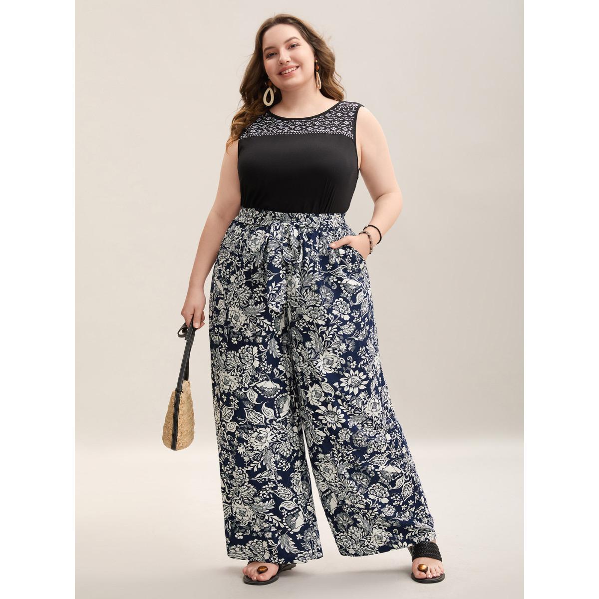 Plus Size Floral Print Waist-Tie Straight-Leg Pants Women Indigo Casual Wide Leg Mid Rise Everyday Pants BloomChic 14-16/1X Product Image