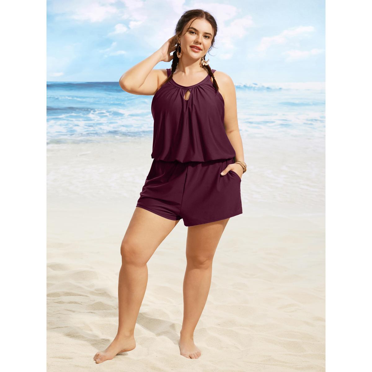 Plus Size Solid Keyhole Elastic Waist Gathered One Piece Swimsuit Women's Swimwear Plum Resort Gathered Curve Bathing Suits High stretch One Pieces BloomChic 18-20/2X Product Image
