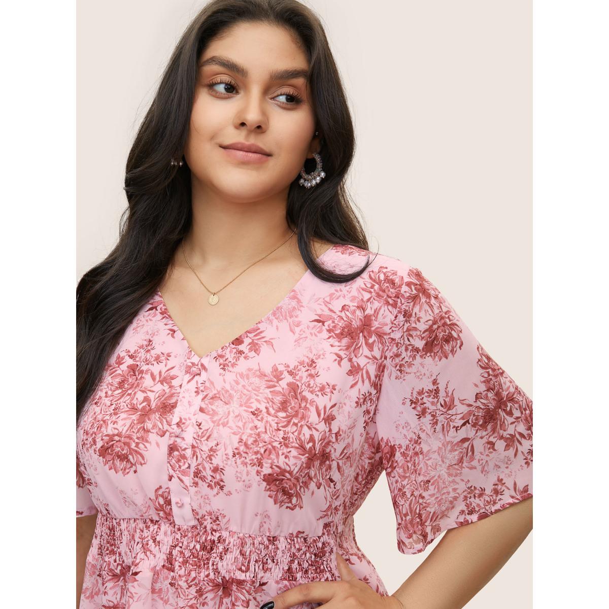 Plus Size DustyPink Chiffon Floral Shirred Elastic Waist Blouse Women Elegant Half Sleeve V-neck Everyday Blouses BloomChic 18-20/2X Product Image