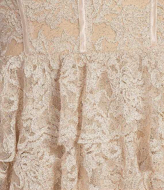 Honey and Rosie Floral Glitter Stretch Lace Tie Strap Sweetheart Neck Tiered Ruffle Dress Product Image